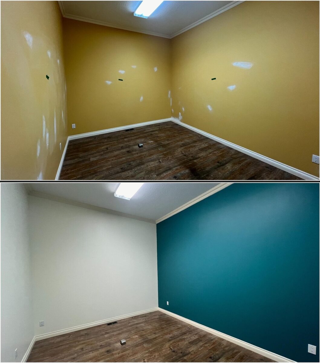 Room painting — yellow walls to teal accent wall