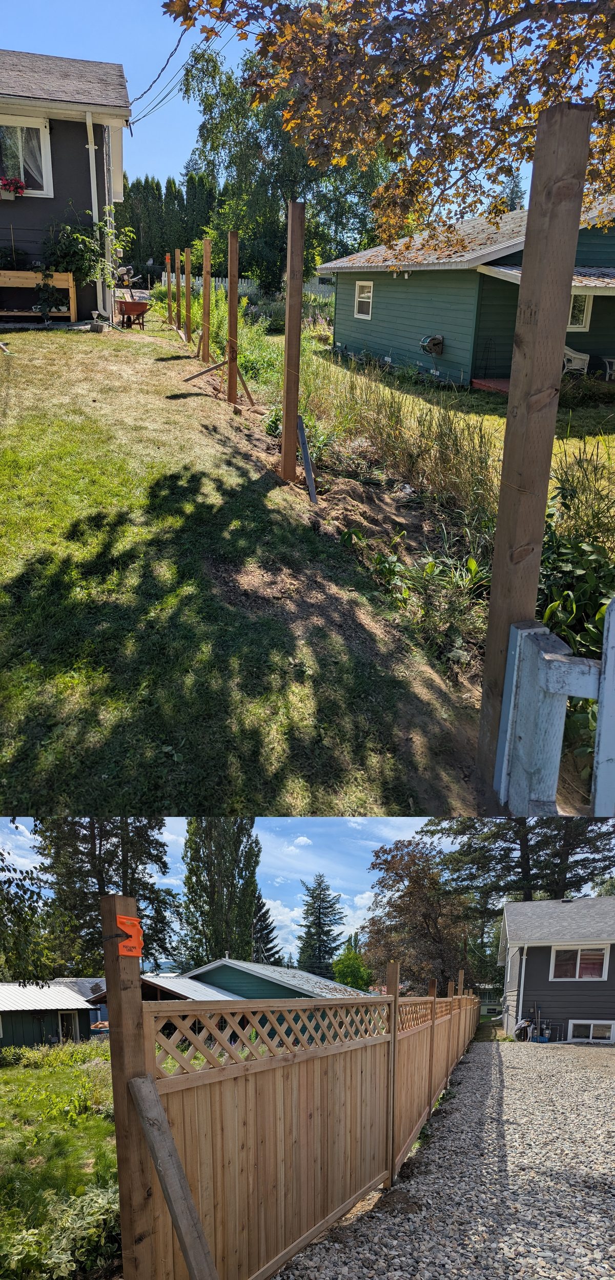 Fence build — posts installed to completed cedar fence
