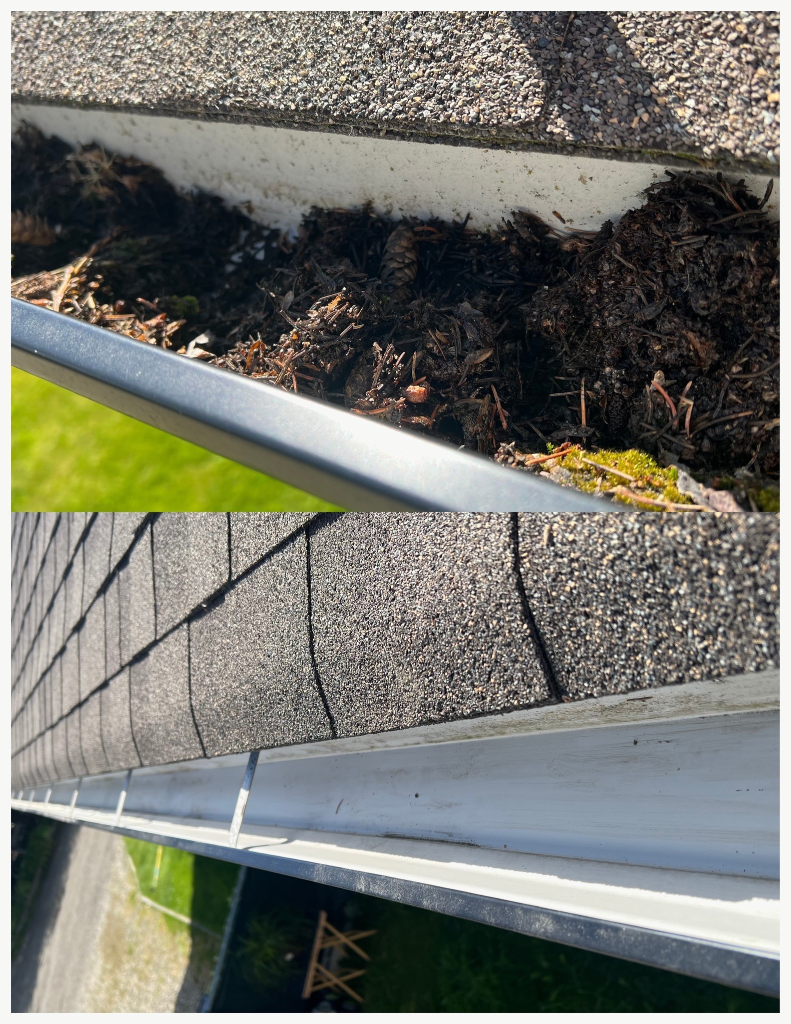 Gutter closeup — debris cleared and flushed