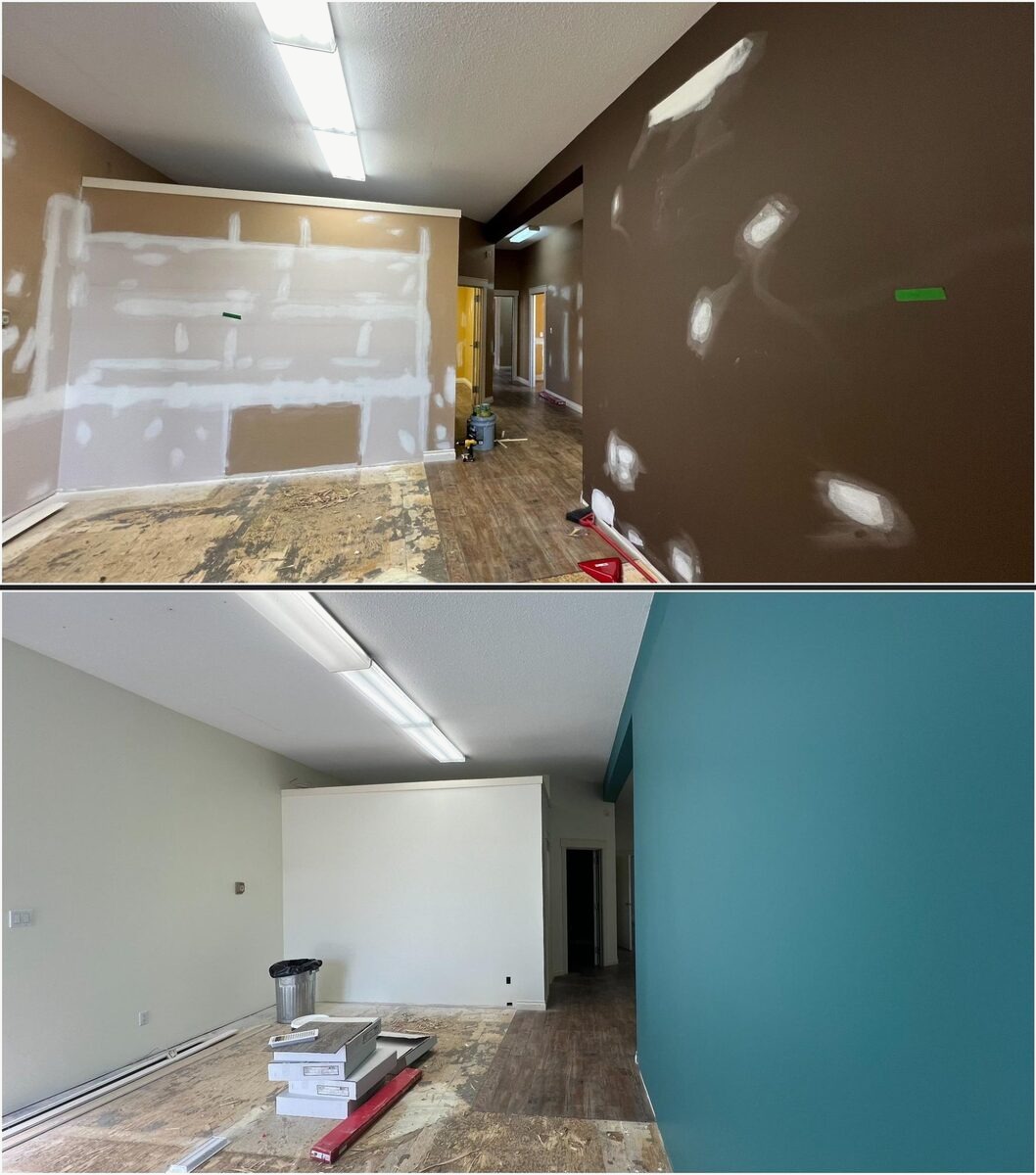 Room painting — brown and green to teal and white