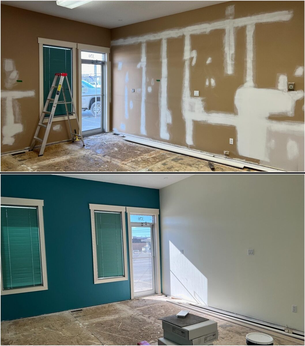 Room painting — beige and green to teal accent wall