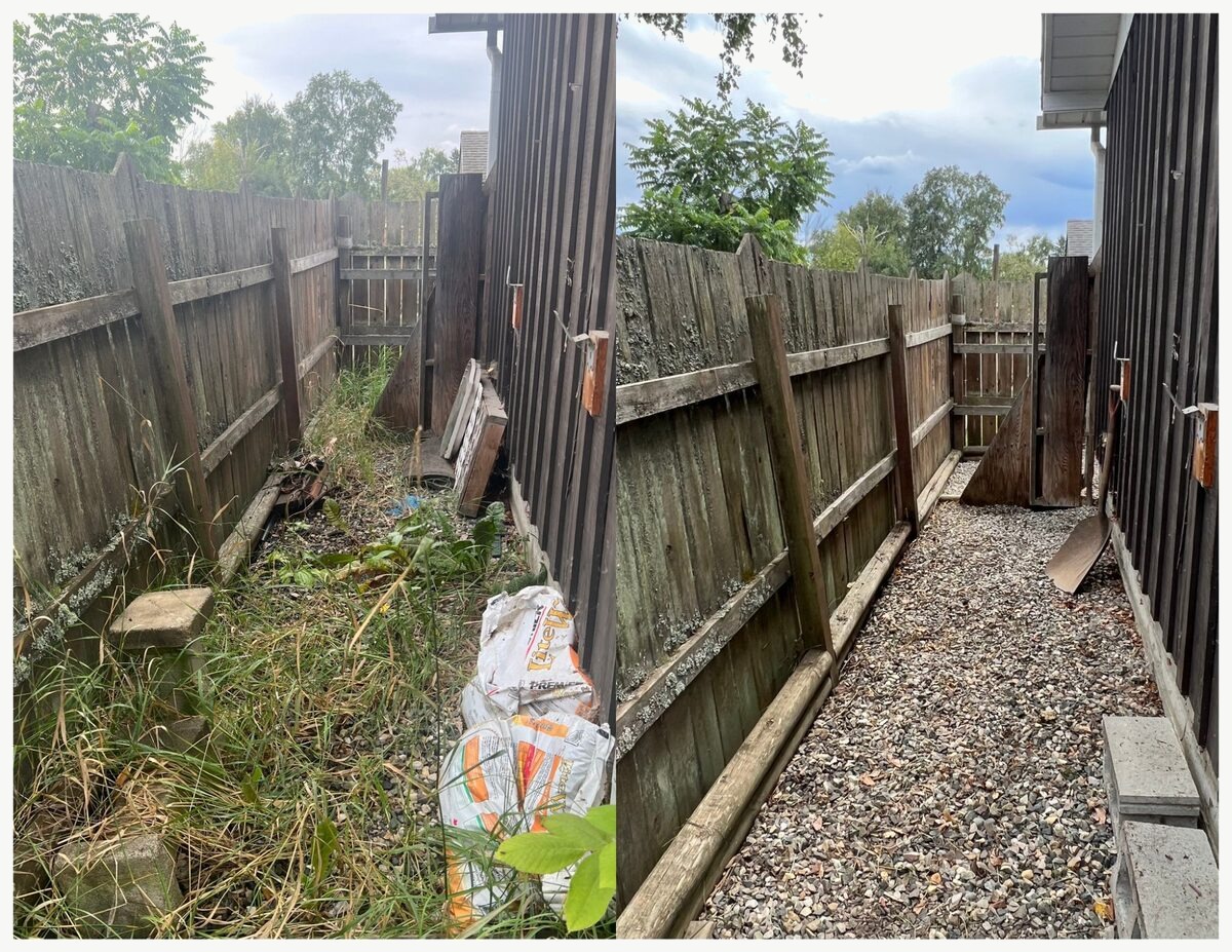 Side yard passage cleared of debris and weeds